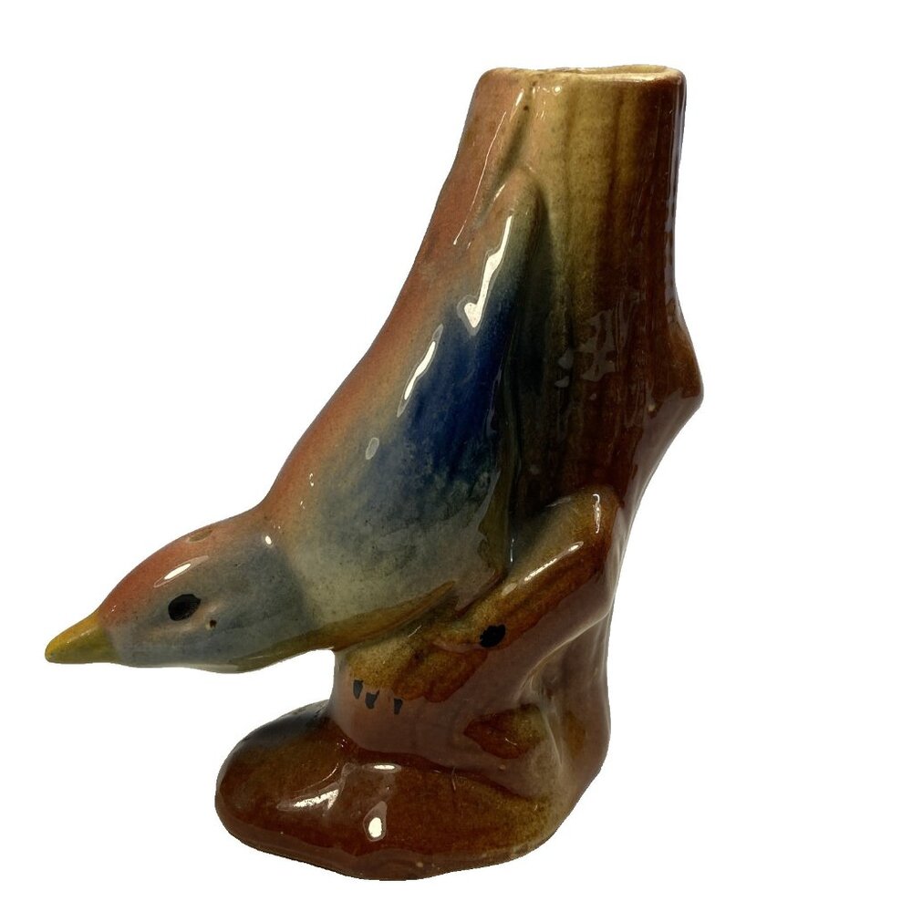 Vintage Royal Copley Bird Spill Vase Holder USA  Art Pottery Blue Brown 5x4.5in